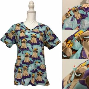 Grumpy Cat Print Aqua 100% Cotton Nursing Medical Scrub Top Women’s Medium